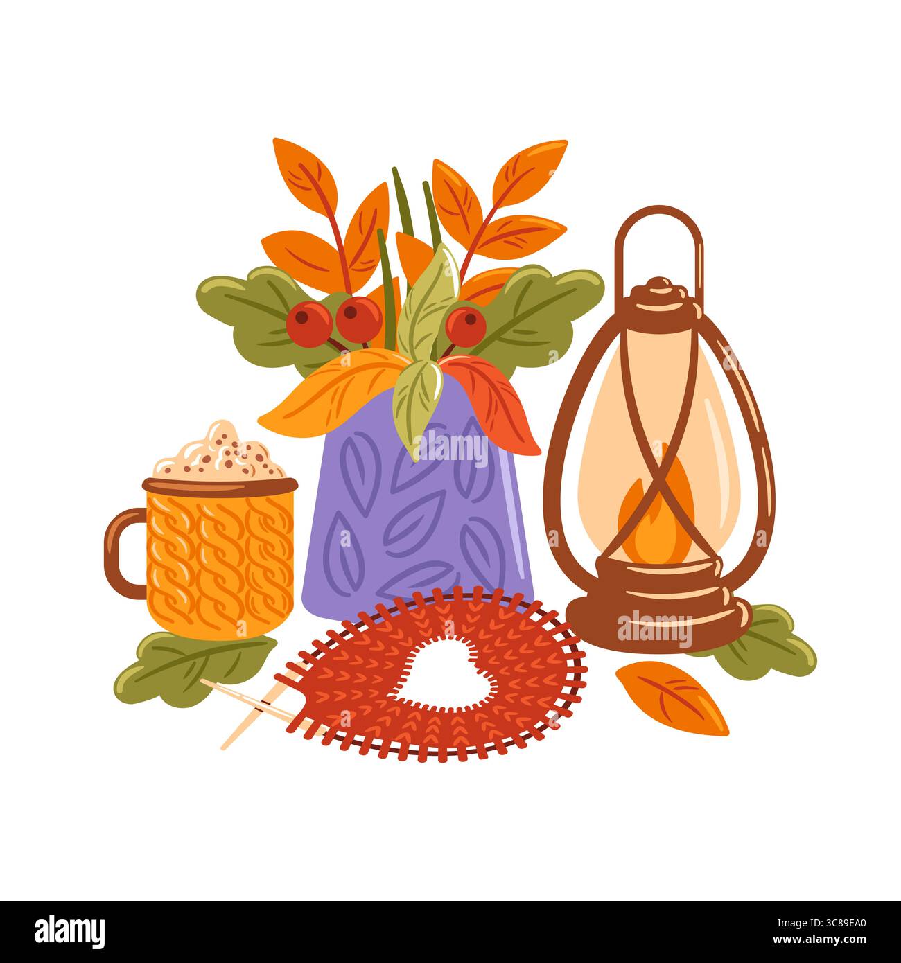 Eine gemütliche Illustration zeigt eine warme Lampe, die einen lebhaften Herbststrauß beleuchtet, zusammen mit einer dampfenden Tasse heißer Schokolade mit aufschäumender Creme. Pe Stock Vektor