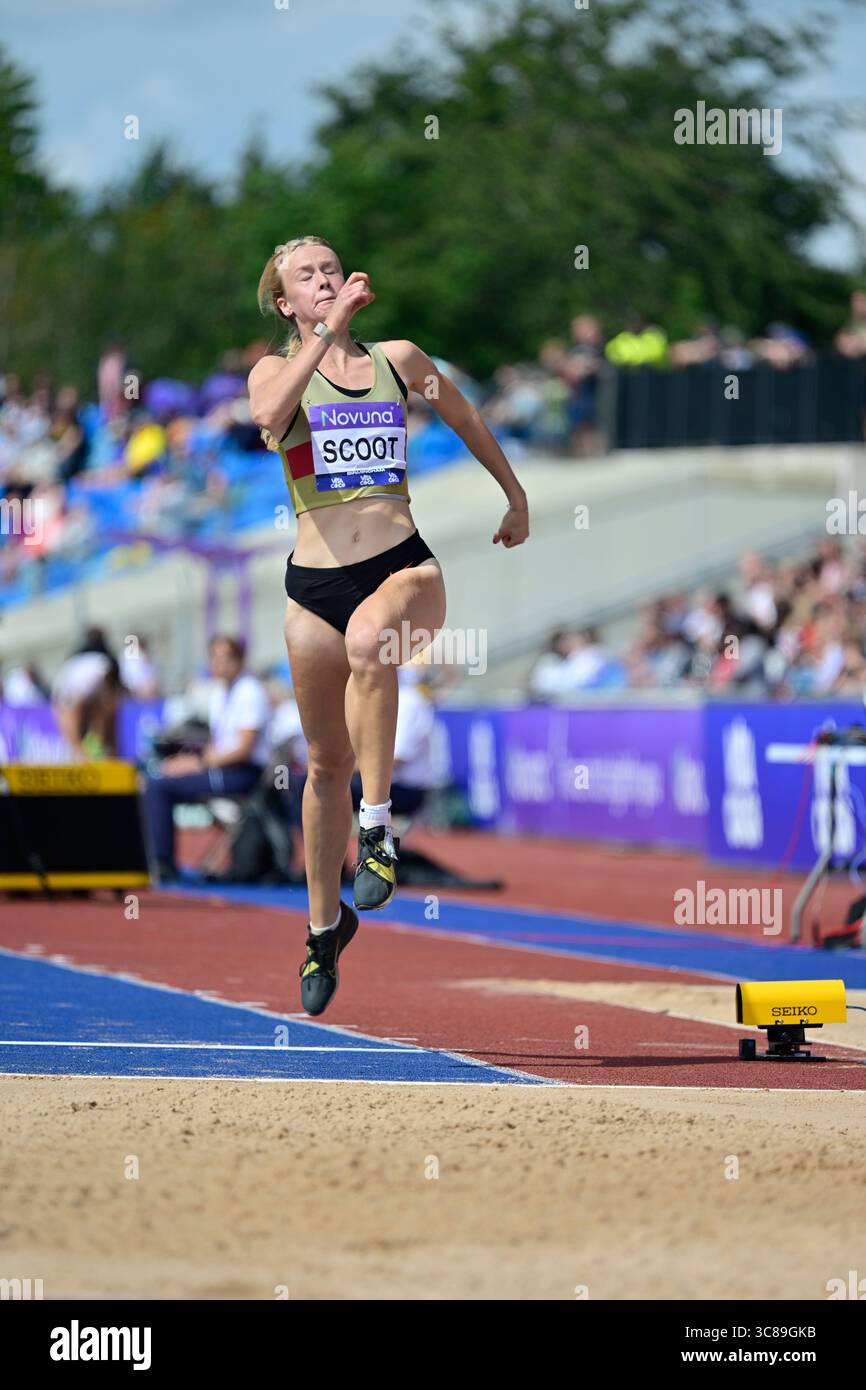 Birmingham. August 2025. Birmingham 3. August: SCOOT Georgina Team: Torbay AC bei der Novuna UK Leichtathletik Meisterschaft im Alexander Stadium, Birmingham Credit: PATRICK ANTHONISZ/Alamy Live News Stockfoto