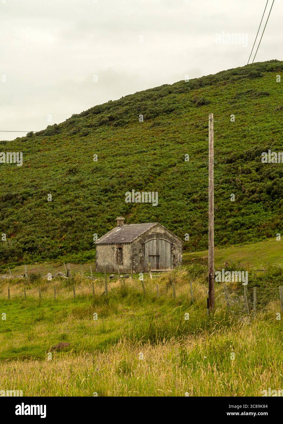 Ein altes Steingebäude mit einer Holztür steht auf einem Feld mit einem grünen Hügel im Hintergrund. Stockfoto