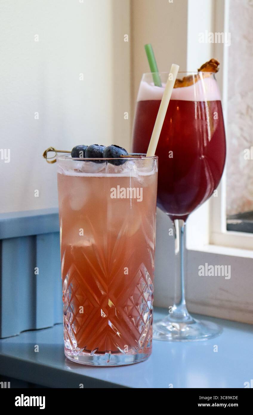 Erfrischende Sommercocktails mit frischen Obstgarnen in natürlichem Licht Stockfoto