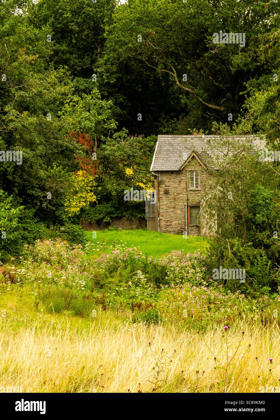 Ein Steinhaus ist eingebettet in eine üppige, grüne Landschaft, umgeben von Bäumen und Wildblumen. Stockfoto