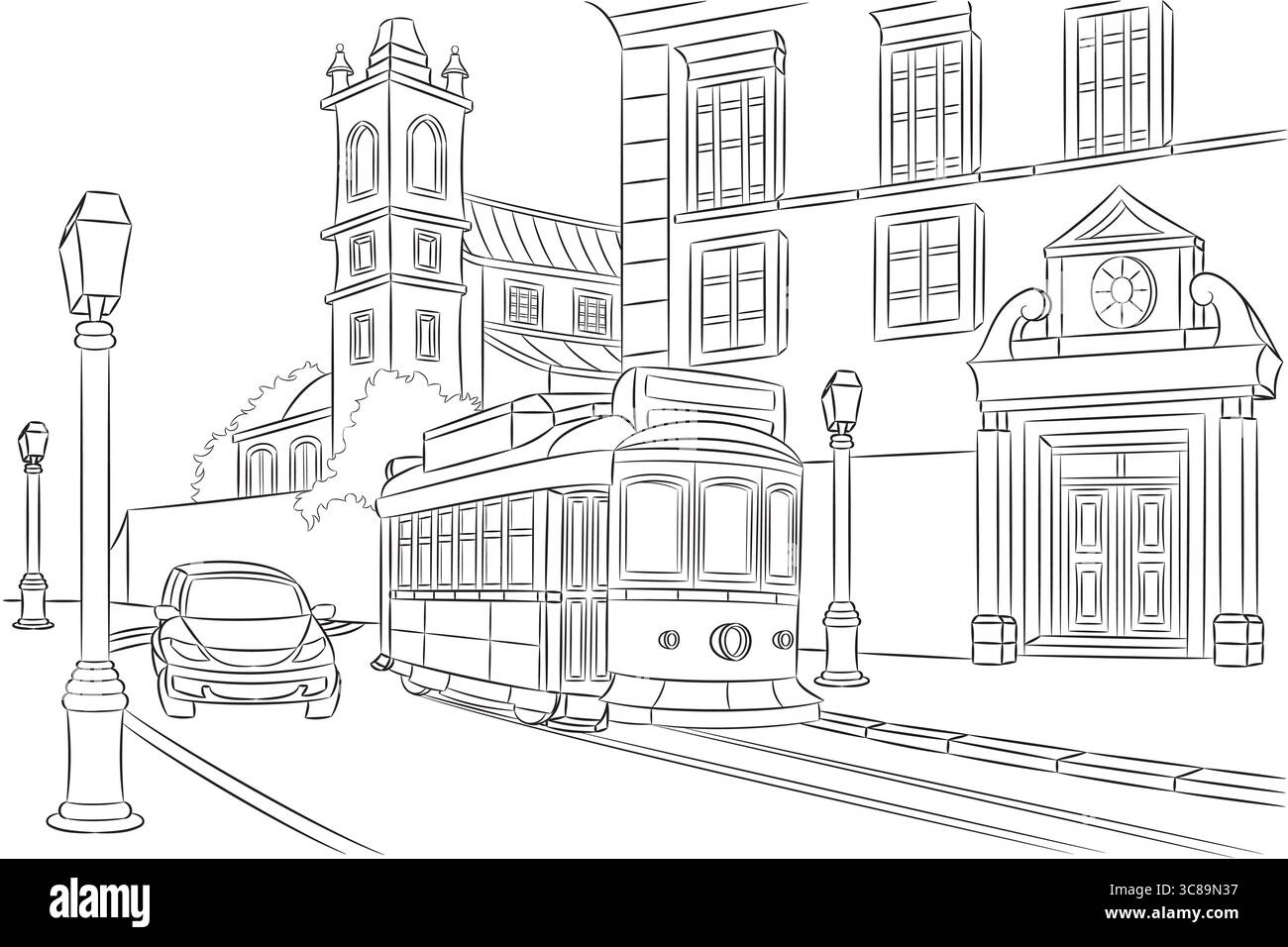 Alte Straße mit Straßenbahn in Lissabon isoliert auf weißem Hintergrund Stock Vektor