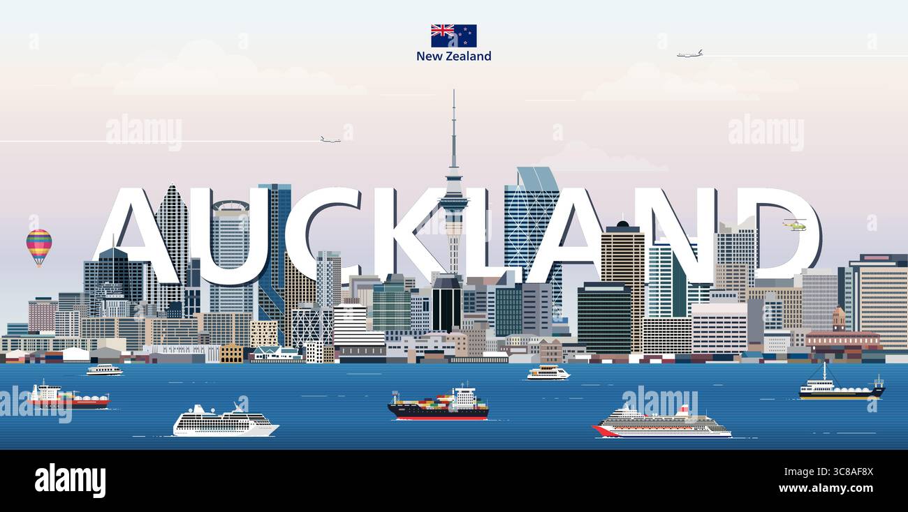 Auckland Stadtlandschaft farbenfrohe Vektorillustration mit großem Stadtnamen auf dem Hintergrund. Trendiges Reiseposter Stock Vektor