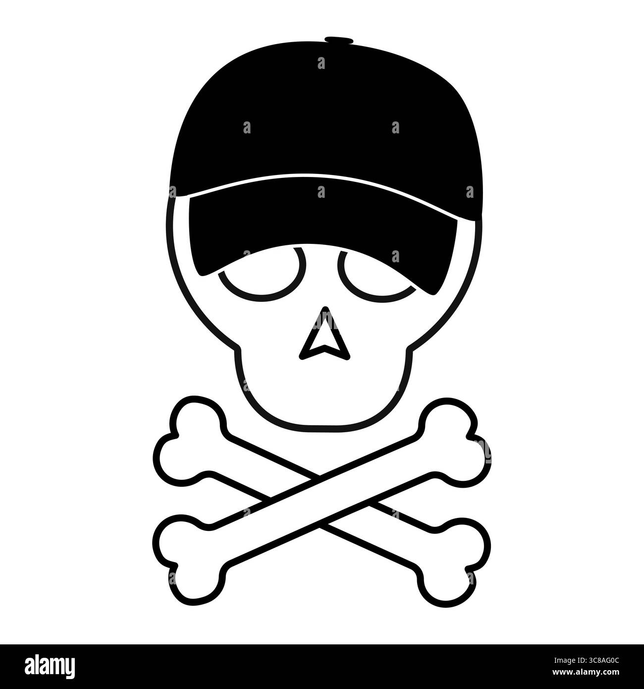 Totenkopf mit überkreuzten Knochen und schwarzer Mütze, minimalistische Grafik. Vektorabbildung Stock Vektor
