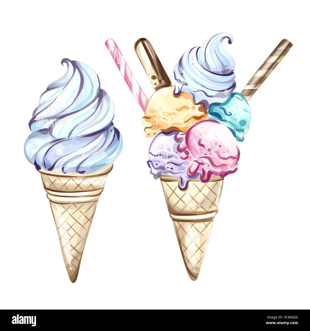 Farbenfrohe Eiskegel mit köstlichen Aromen, die Freude und Erfrischung während der Sommerfeiern am Strand einladen Stockfoto