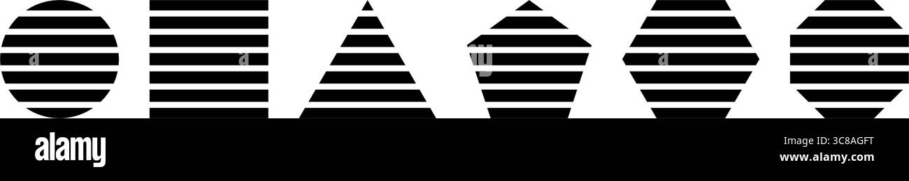 Schwarz gestreifte geometrische Formen aus Kreis, Quadrat und Dreieck, pentagon, Sechseck und Achteck, isoliert auf weißem Hintergrund. Minimalistische Designelemente mit gestreifter Struktur. Vektorgrafik. Stock Vektor