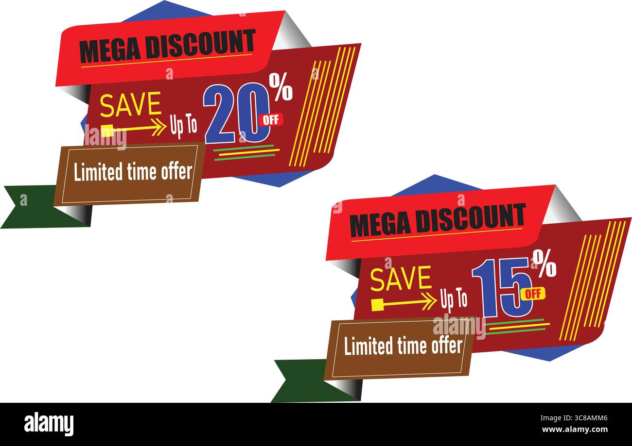 Mega Rabattangebot: 20 % Rabatt auf Bändchen-Logo-Banner in leuchtenden Farben und Werbedesign Stock Vektor