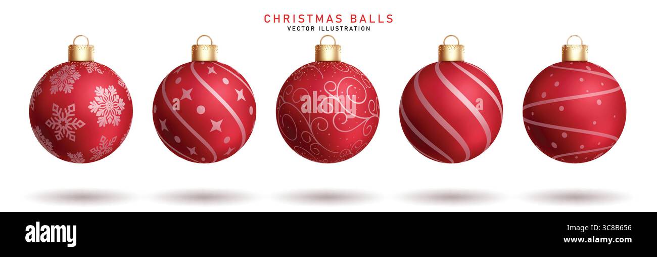 Weihnachtskugeln Clipart Set. Rote Weihnachtskugel-Clip-Art-Kollektion mit Schneeflocken-Druck und -Muster in isoliertem Hintergrund Stock Vektor