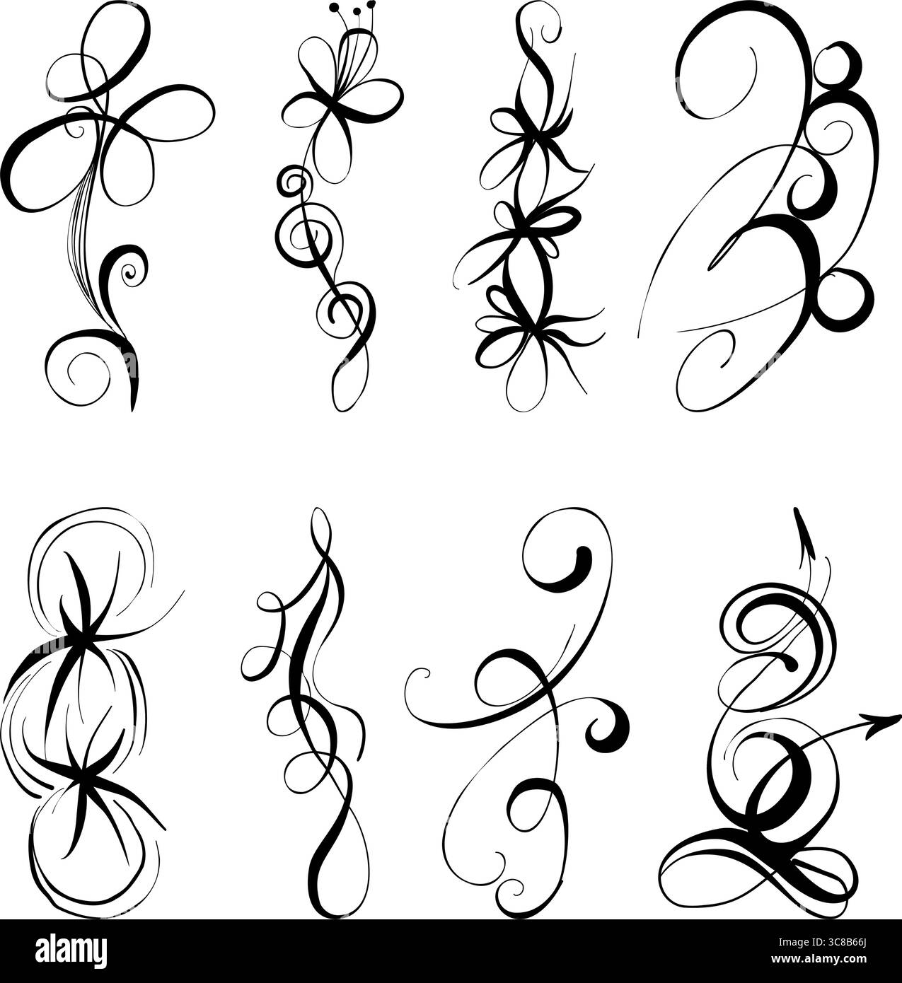 Tattoo Design Set: Blumenmuster mit abstrakten Formen in Bewegung, ausdrucksstarke Kalligraphie, elegante Figuren, minimalistische Pinselstriche, spiralförmige Gruppen Stock Vektor