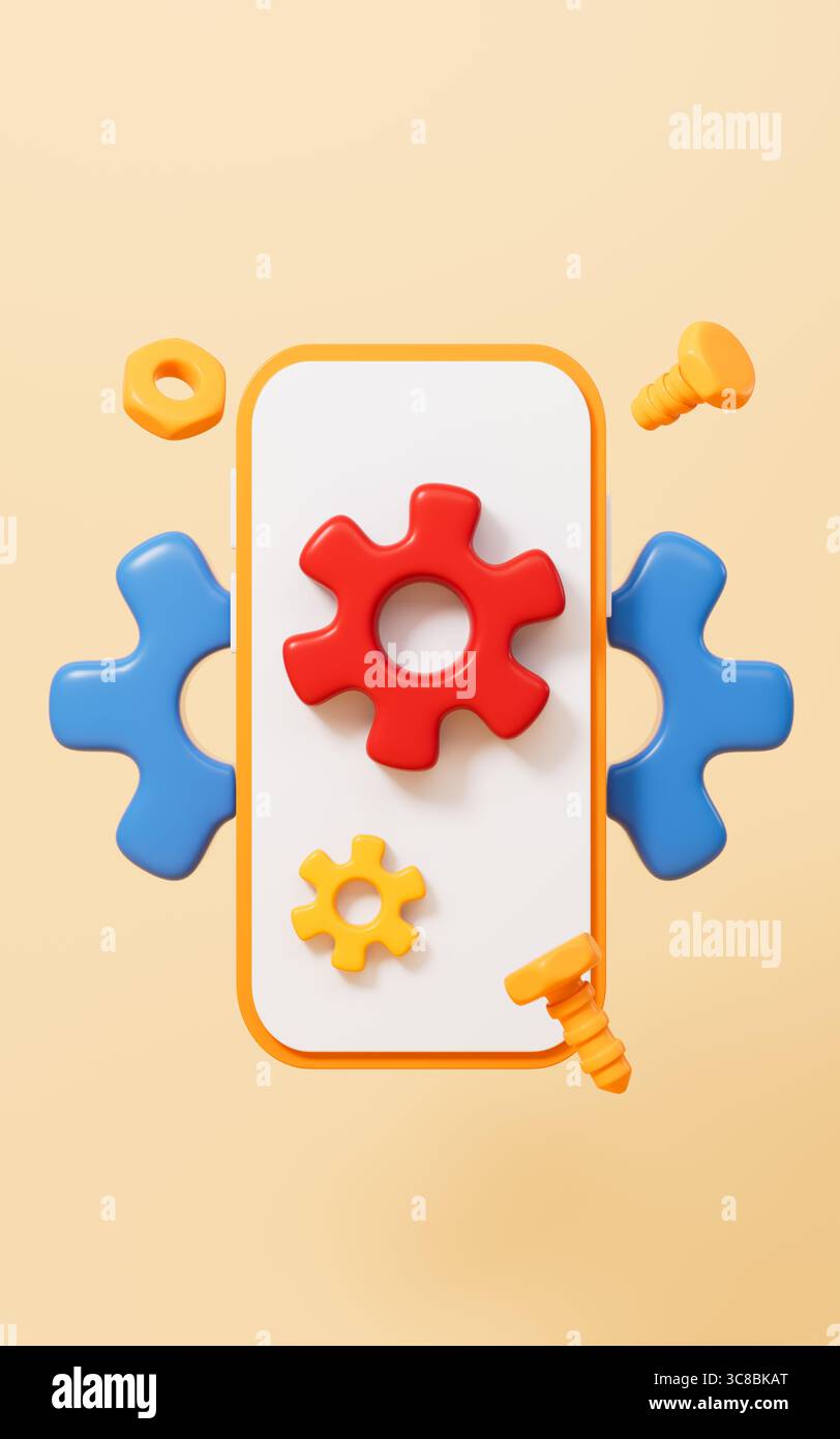 Handy und Reparaturwerkzeuge. Handyreparatur, Anwendungs-Update, Software-Upgrade usw., 3D-Rendering. 3D-Abbildung. Stockfoto