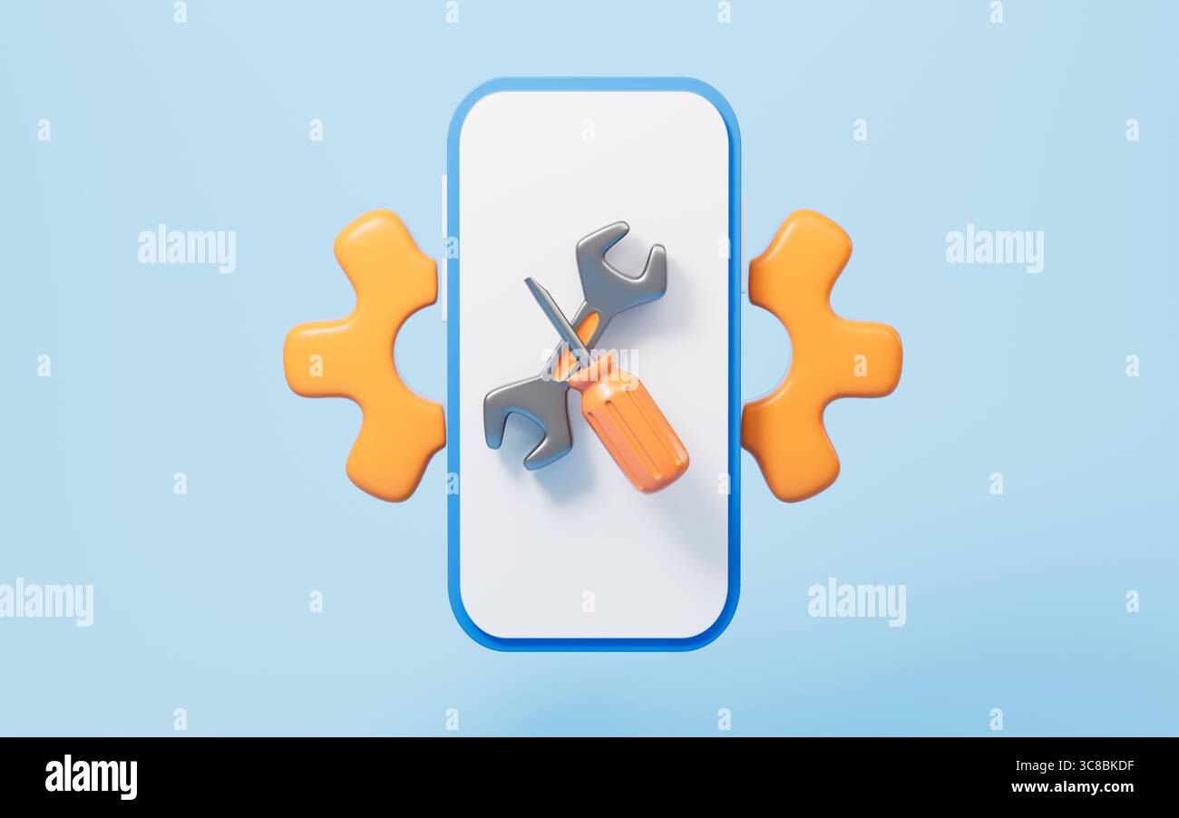 Handy und Reparaturwerkzeuge. Handyreparatur, Anwendungs-Update, Software-Upgrade usw., 3D-Rendering. 3D-Abbildung. Stockfoto