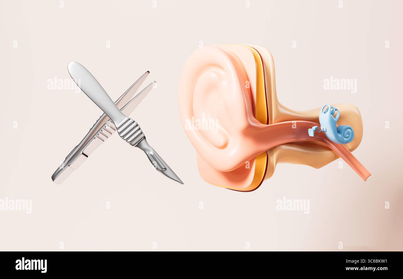 Comic menschliches Gehörsystem und Skalpell, Pinzette und so weiter chirurgische Werkzeuge, 3D-Rendering. 3D-Abbildung. Stockfoto