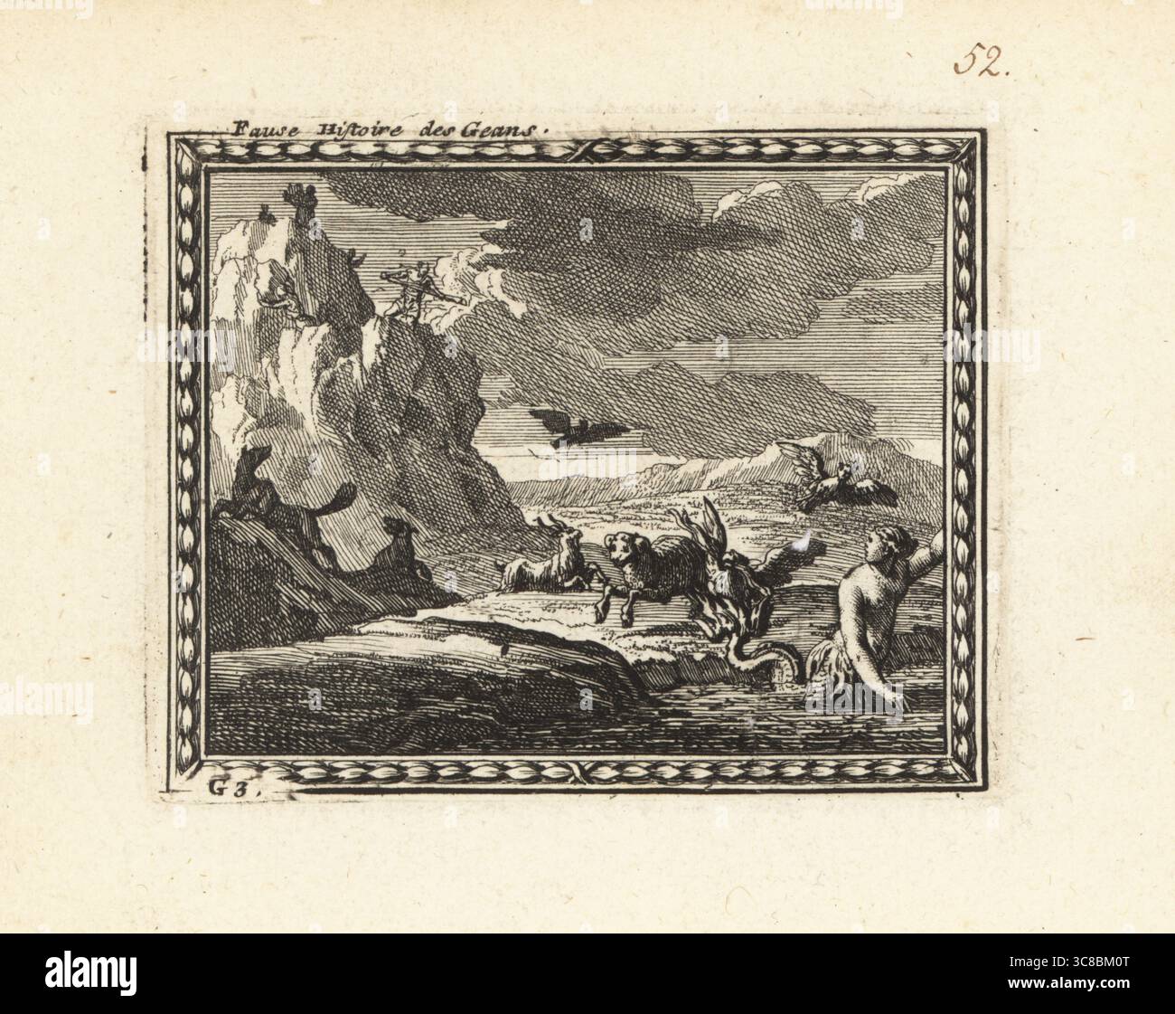Das Lied der Pierides über die falsche Geschichte der Riesen. In ihrem Liedwettbewerb mit den Musen erzählen die Pieriden vom Sieg der Riesen über die Götter. Riesen stehen auf der Spitze eines Berges. Die Götter werden vom Himmel verbannt und fliehen in verschiedenen monströsen Tierformen nach Ägypten. Fause Histoire des Geans. Kupferstich aus Metamorphoses d’Ovide, Stiche für Ovids Metamorphosen, chez Audran, Paris, 1676. Stockfoto