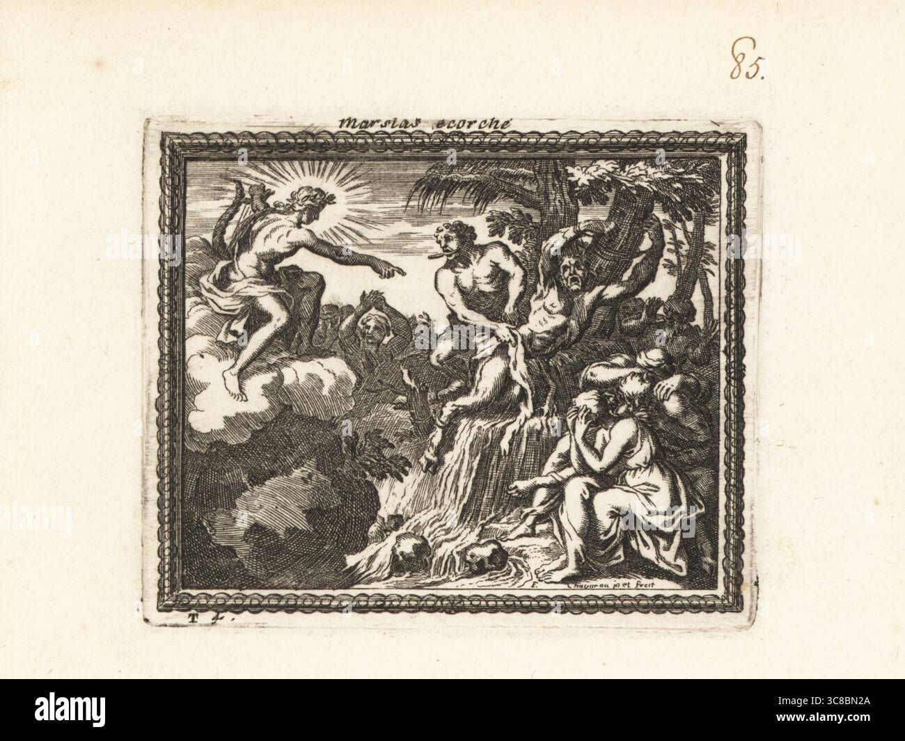 Der Satyr Marsyas war lebendig für Apollo. Der Gott der Musik sitzt auf einer Wolke mit seiner Leier. Marsyas ist an einen Baum gebunden, während ein Metzger ihm die Haut abschneidet. Nymphen und Hirten weinen einen Fluss, der in Phrygia zu den Marsyas wird. Marsias ecorche. Kupferstich von Francois Chauveau aus Metamorphoses d’Ovide en Rondeaux, Ovid’s Metamorphoses, chez Audran, Paris, 1676. Stockfoto