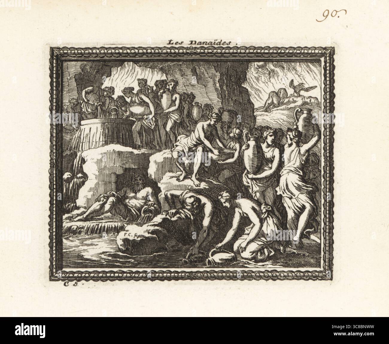 Die Danaiden transportieren Wasser aus einem Fluss, um einen perforierten behälter für die Ewigkeit im Hades zu füllen. Die fünfzig Töchter von Danaus, dem König von Libyen, wurden bestraft, weil sie ihre Ehemänner, die Söhne von Aegyptus, getötet hatten. In einer Höhle frisst ein Adler Prometheus' Leber. Les Danaides. Kupferstich von Francois Chauveau aus Metamorphoses d’Ovide en Rondeaux, Ovid’s Metamorphoses, chez Audran, Paris, 1676. Stockfoto
