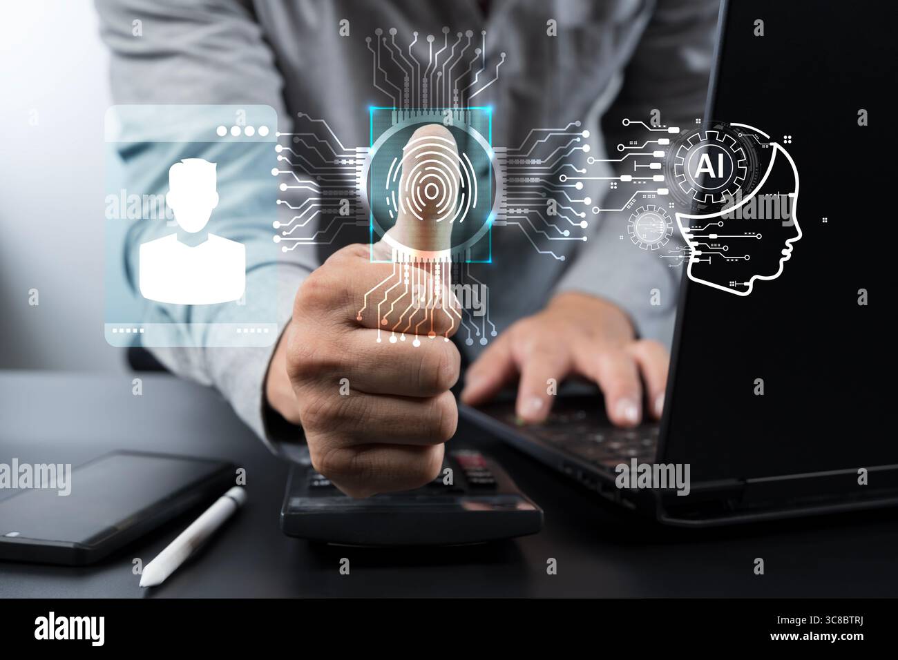 Geschäftsmann mit biometrischem Fingerabdruck-Authentifizierungssystem mit künstlicher Intelligenz zur Identitätsüberprüfung. Konzept der Cybersicherheit, Digita Stockfoto