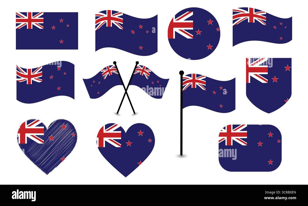 Kollektion von Designs der neuseeländischen Flagge in verschiedenen Formen und Stilen. Stock Vektor