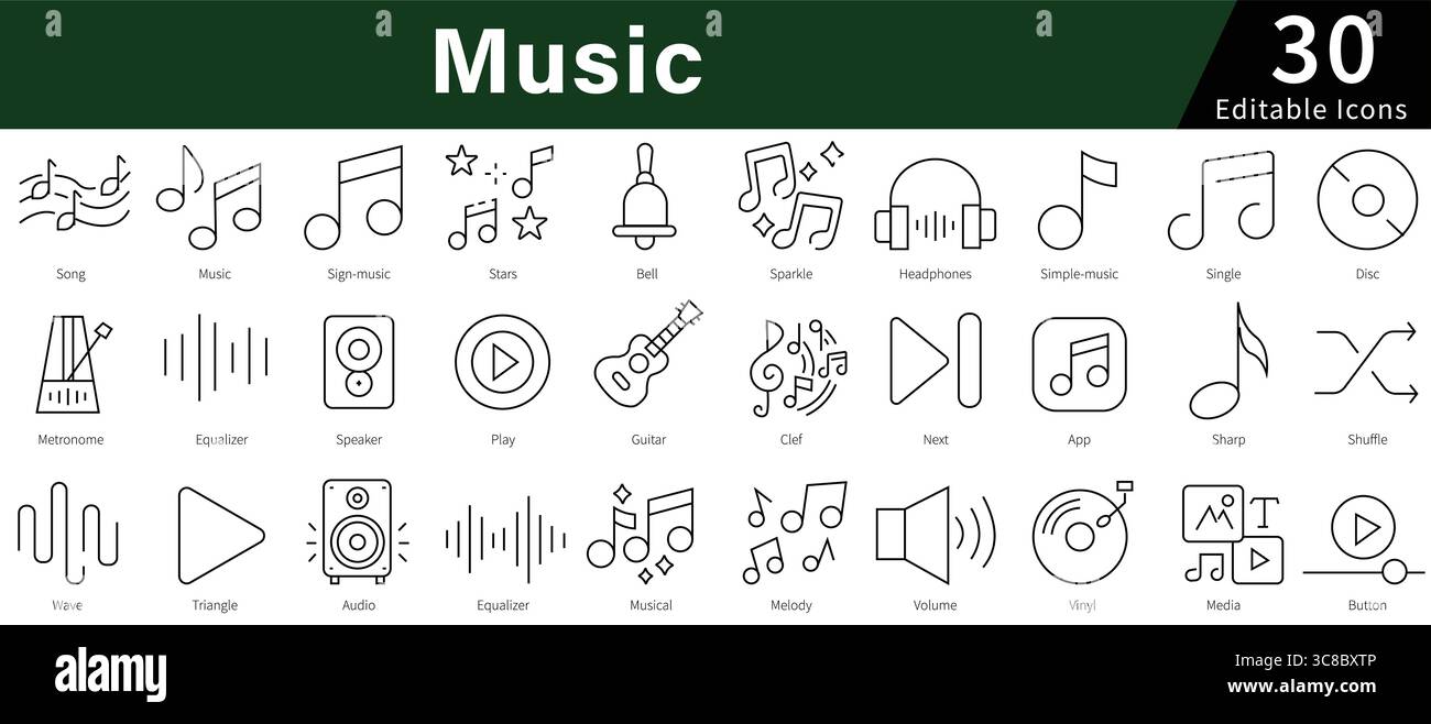 Musik editierbare Zeilensymbole für Audio, Sound, Unterhaltung und Musikinstrumente Stock Vektor