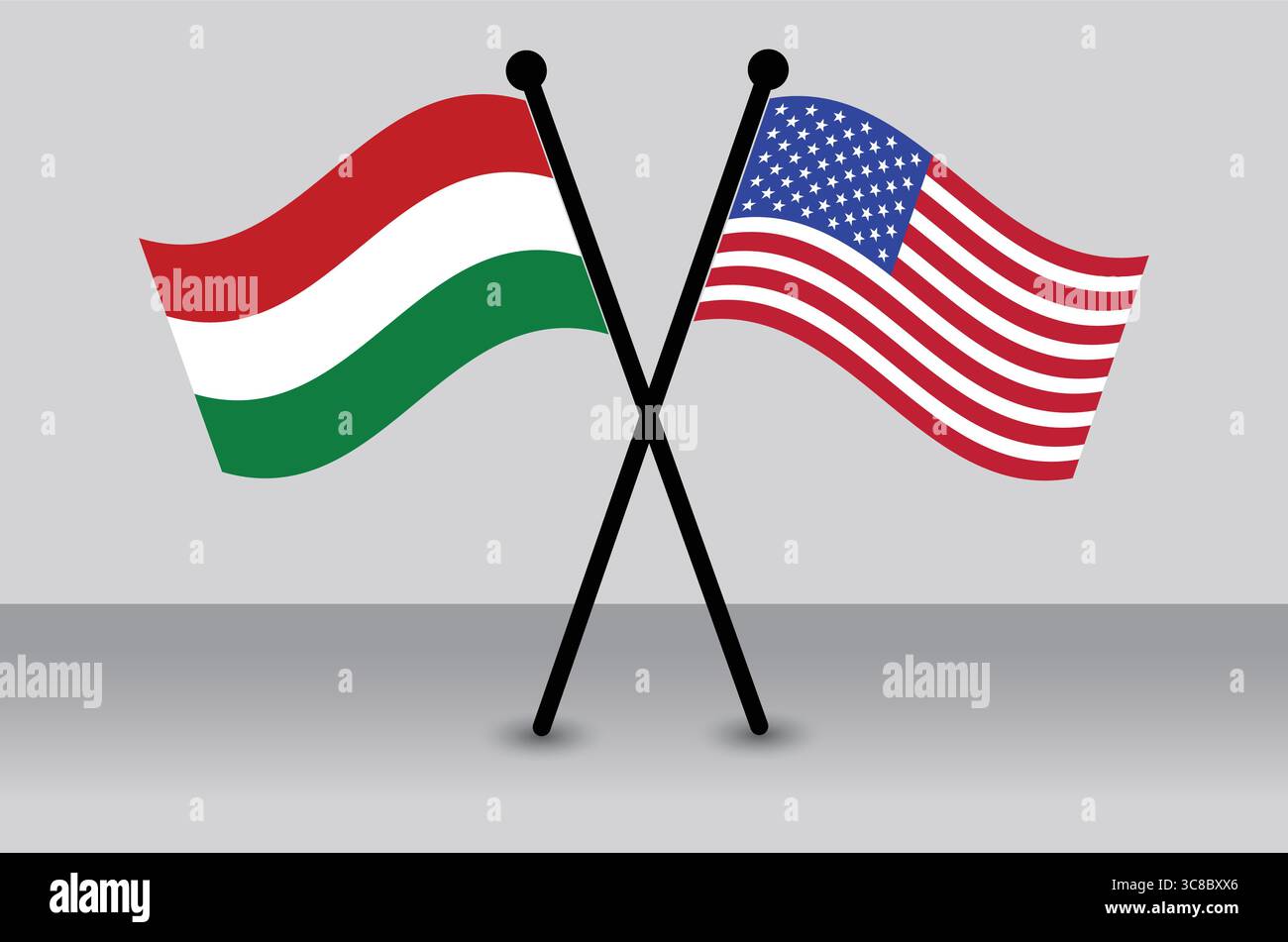 Gekreuzte Flaggen von Ungarn und den USA, illustrierend für Partnerschaft. Stock Vektor