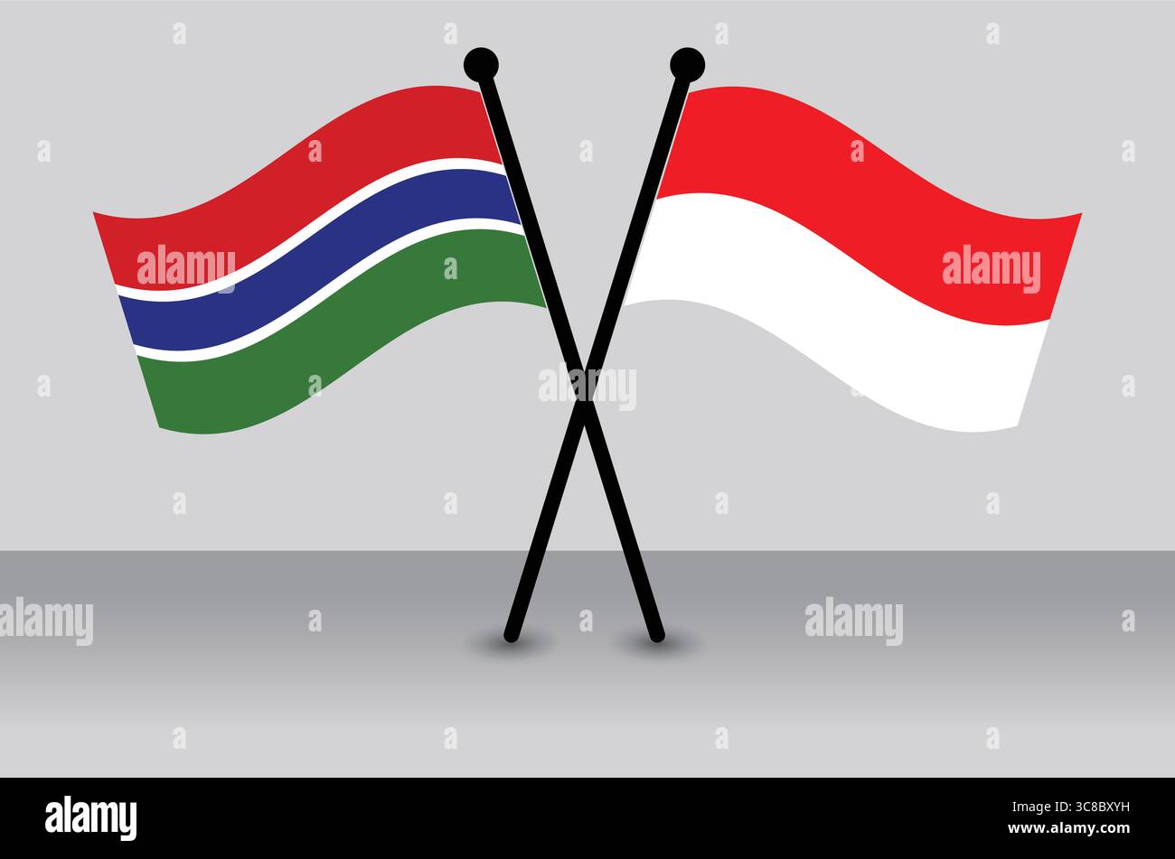 Gekreuzte Flaggen von Gambia und Indonesien symbolisieren die internationalen Beziehungen. Stock Vektor