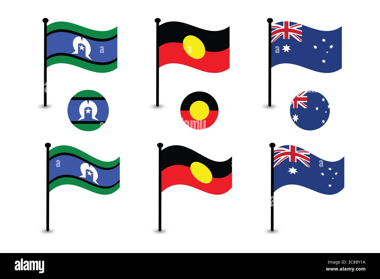Australische Flaggen: Aborigines Flag, Torres Strait Islander Flag und Australian Flag. Stock Vektor