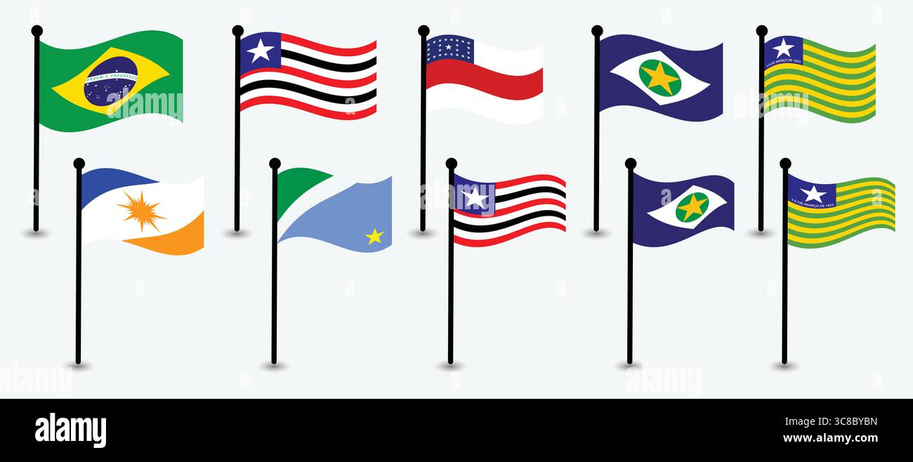 Sammlung von nationalen und regionalen brasilianischen Flaggen in flachem Design. Brasilien, Brasilianische Flagge. Stock Vektor