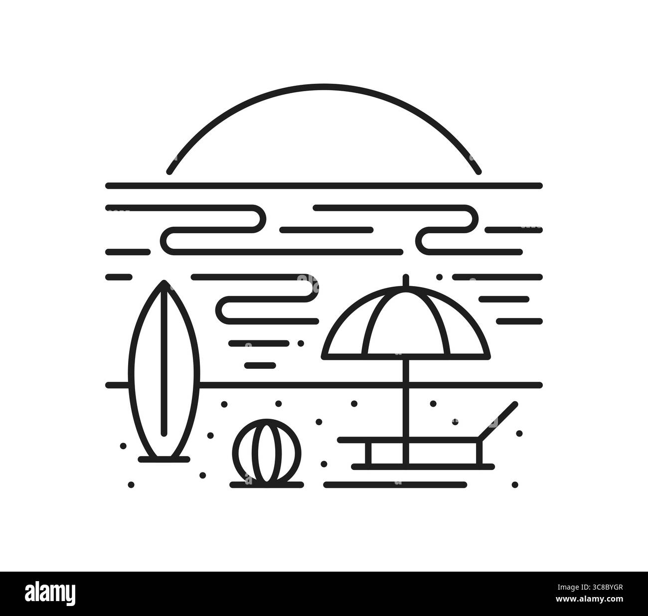 Landschaftslinie Icon des Meerstrandes mit Sonnenliege, Sonnenschirm und Sonne über Wasserwellen, Vektorsymbol. Die Landschaft ist ein Symbol für Sommerurlaub und Reisen, Surfbrett und Strandball auf Sand im Ocean Resort Stock Vektor