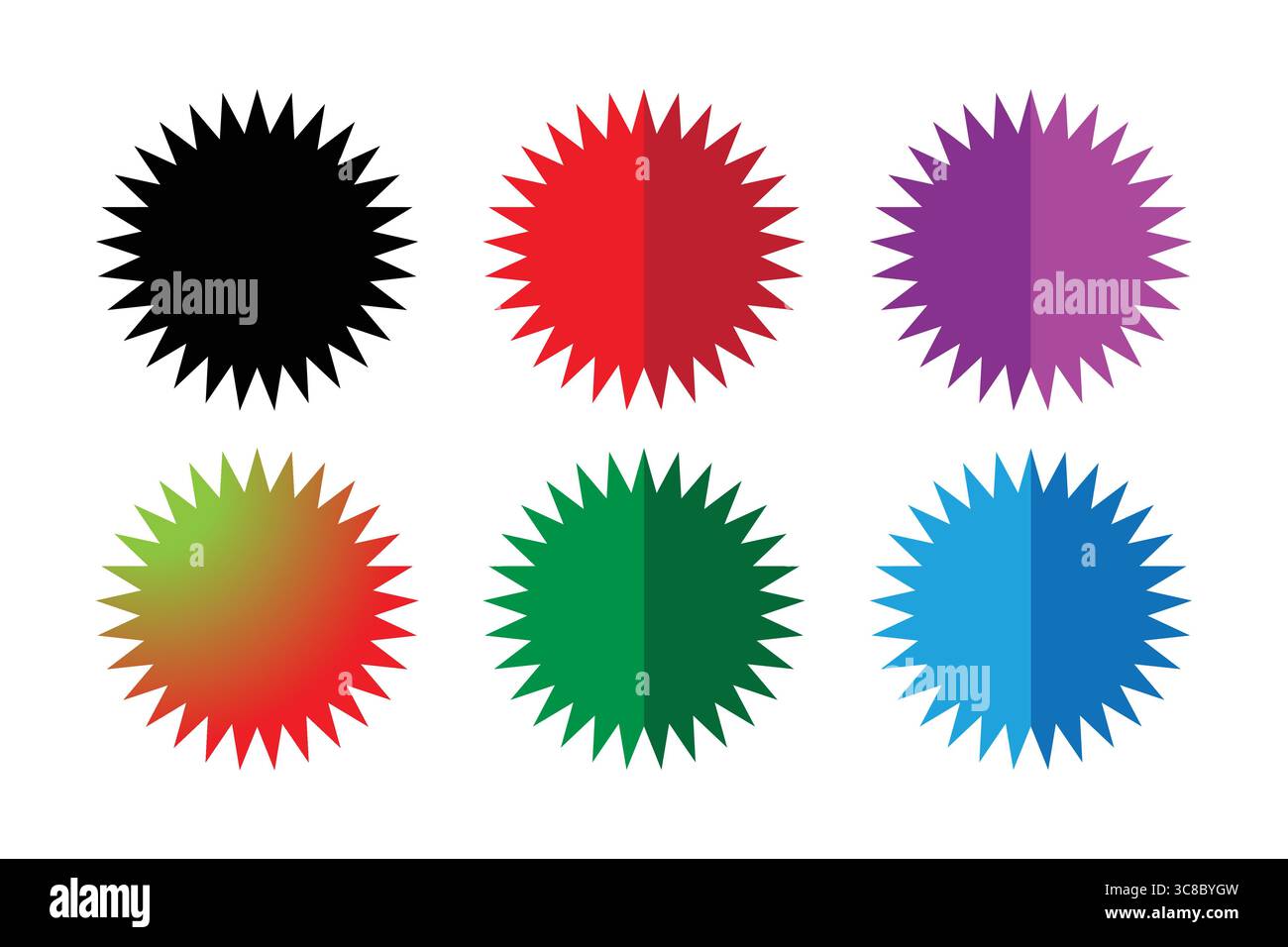 Sechs bunte Sternenformen auf weißem Hintergrund. Stock Vektor