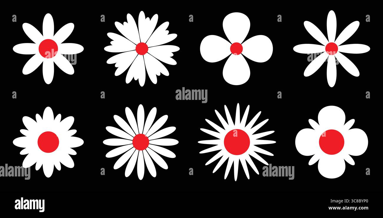 Einfache weiße Blumen mit roten Zentren auf schwarzem Hintergrund. Stock Vektor