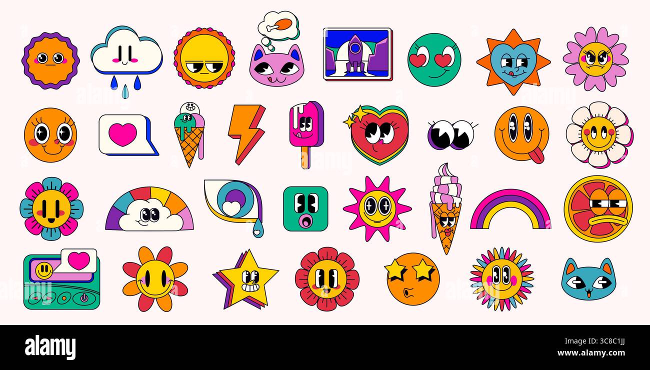 Lebendiges Retro-Pop-Emoticon-Set mit groovigen Zeichentrickfiguren – niedliche Gesichter, Wetterelemente, Essensartikel und abstrakte Formen in leuchtenden Farben für Botschaften, Social-Media-Aufkleber und nostalgisches Design Stock Vektor
