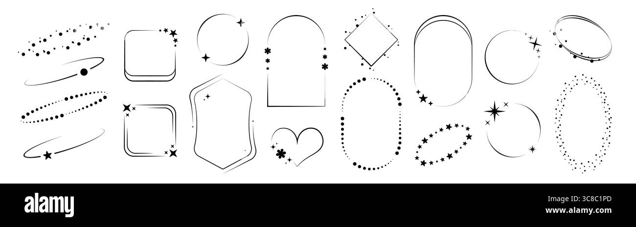 Schwarze Rahmenlinien mit Sternen, Herzen und Himmelskreisen - minimalistische Aura-Designs in ovalen, rechteckigen und rautenförmigen Formen. Unscharfe funkelnde Elemente, geometrische Umrisse für mystische Grafiken. Stock Vektor