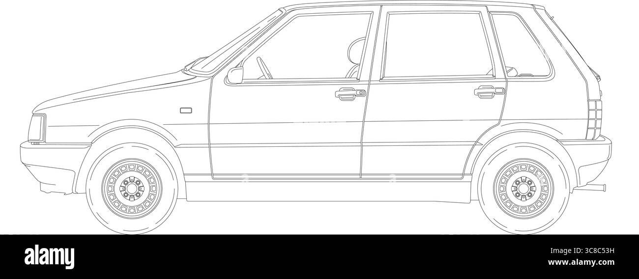 FIAT Modell UNO 60 SL Oldtimer, Silhouette umrissen, Vektorillustration, Jahr 1985 Stock Vektor FIAT Modell UNO 60 SL Oldtimer, Silhouette umrissen, Vektorillustration, Jahr 1985 Stock Vektor
