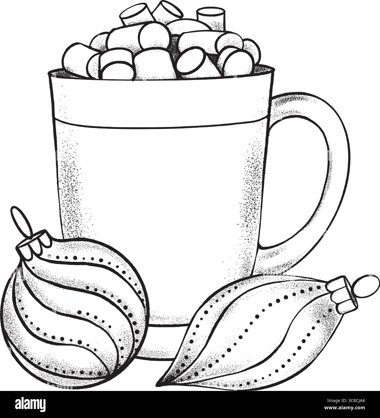 Schwarz-weiße Vektor-Illustration eines festlichen Bechers mit Marshmallows begleitet von zwei Weihnachtsschmuck. Isoliert auf weißem Hintergrund. Ideal für Karten, Malbücher, Verpackungen, Urlaub Stock Vektor