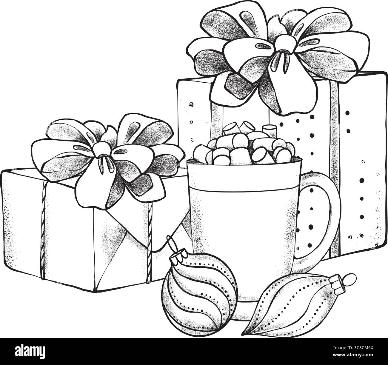 Weihnachtsgeschenke, Kakaobecher mit Marshmallows und Kugeln in eleganter schwarz-weißer Vektorzeichnung. Ideal zum Ausmalen von Seiten, Weihnachtskarten, Postern, Verpackungen und Wintergrafiken. Stock Vektor
