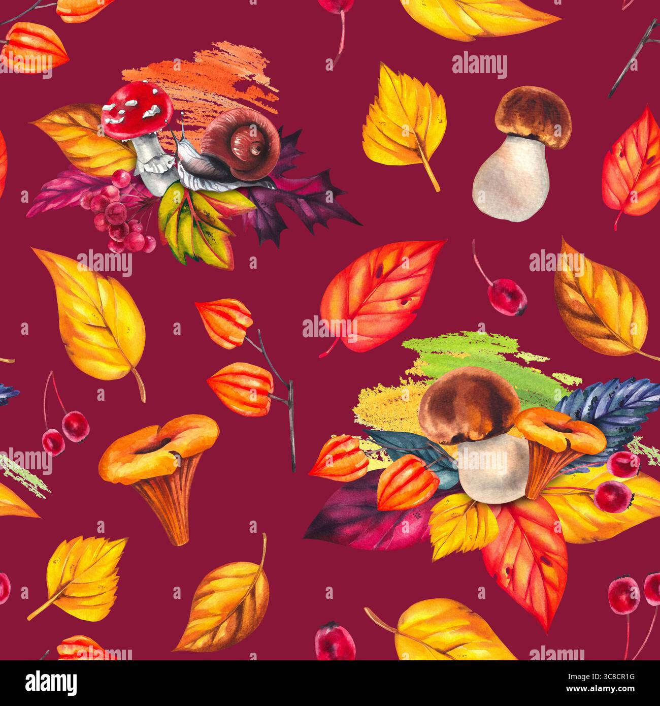 Nahtloses Muster mit Blattblüten im Herbst. Perfekt für Heimwerkerprojekte, Karten, Einladungen, Poster, Scrapbooking, Branding und Verpackung für Stockfoto