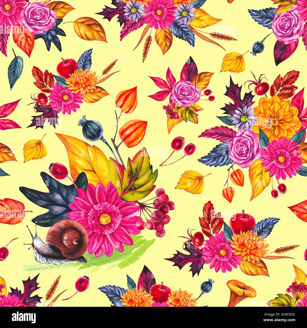 Nahtloses Muster mit Blattblüten im Herbst. Perfekt für Heimwerkerprojekte, Karten, Einladungen, Poster, Scrapbooking, Branding und Verpackung für Stockfoto