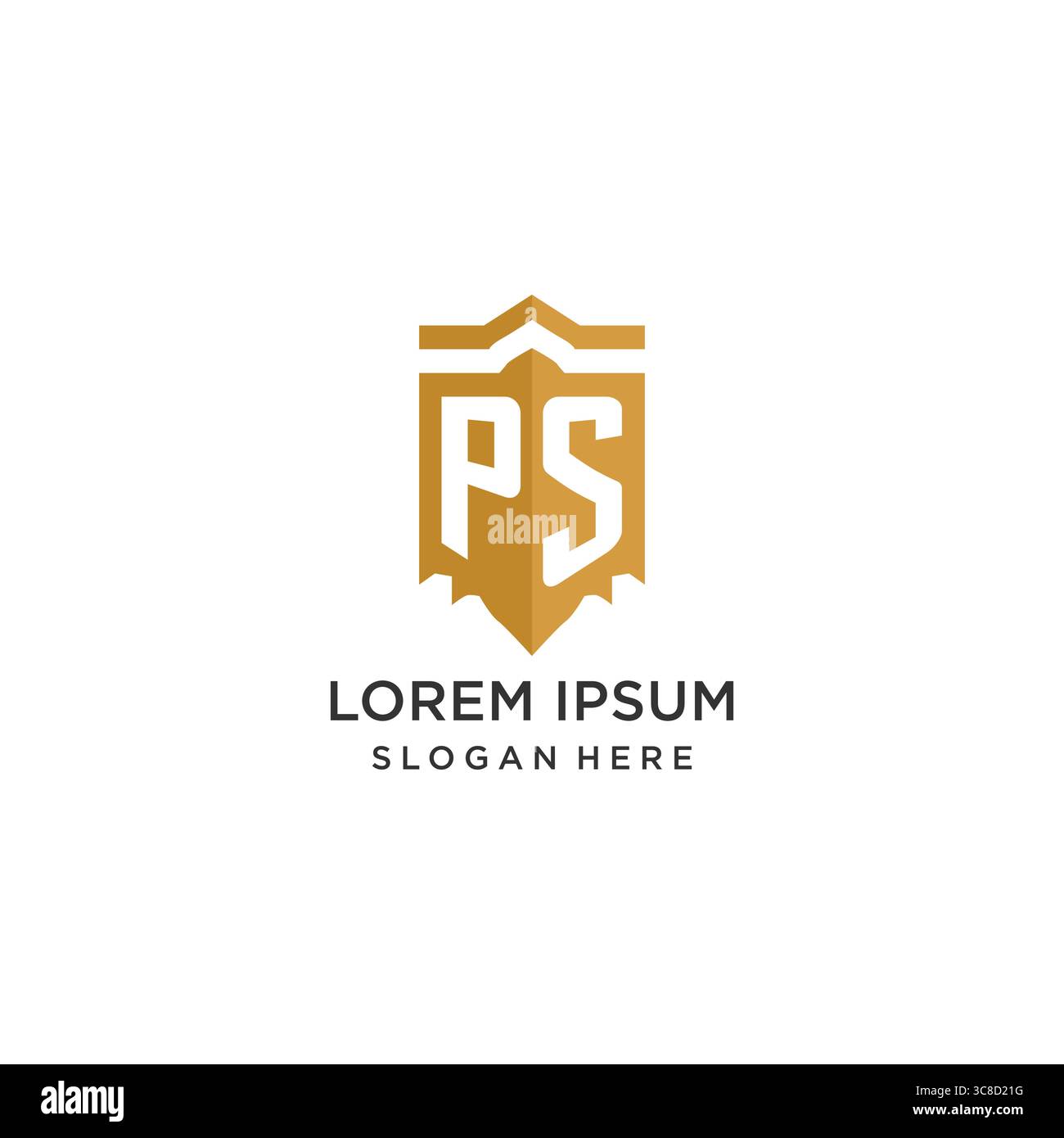 PS-Logo mit Monogramm und geometrischer Schildform, elegante Vektorgrafik im luxuriösen Design des ersten Logos Stock Vektor