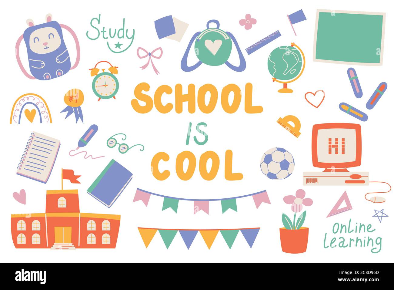 Illustration „zurück zur Schule“. Legen Sie Schulutensilien fest. Buntes Schulelement, Schreibwaren im Doodle-Shabby-Stil. Illustration der Vektorabwicklung. Stock Vektor