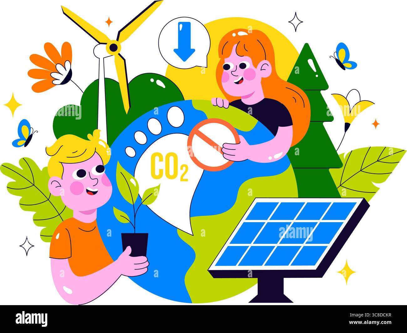Illustration zur Reduzierung des CO2-Fußabdrucks mit Analyse der Umweltverschmutzung mit CO2, Auswirkungen auf die Natur, das Klima und die globale Öko-Bilanz Stock Vektor