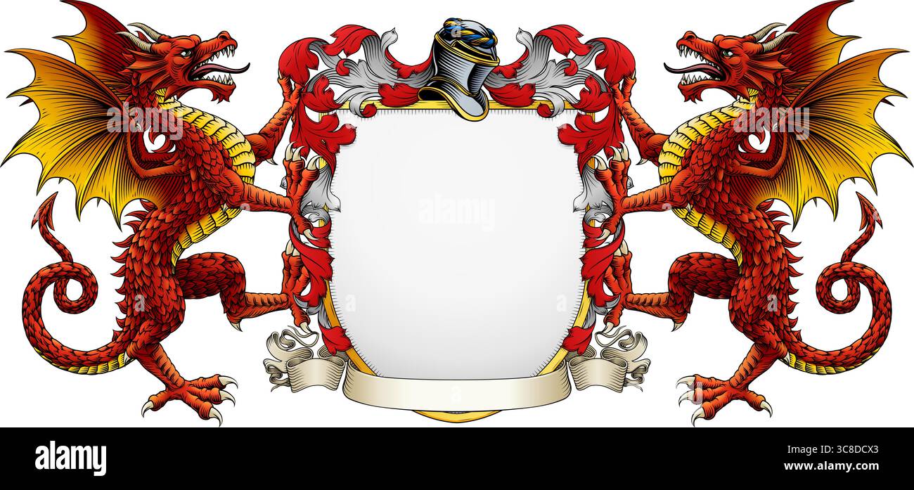 Drachenwappenschild Wappen Wappen Wappen Wappen Wappen Wappen Wappen Wappen Wappen Wappen Wappen Wappen Wappen Stock Vektor