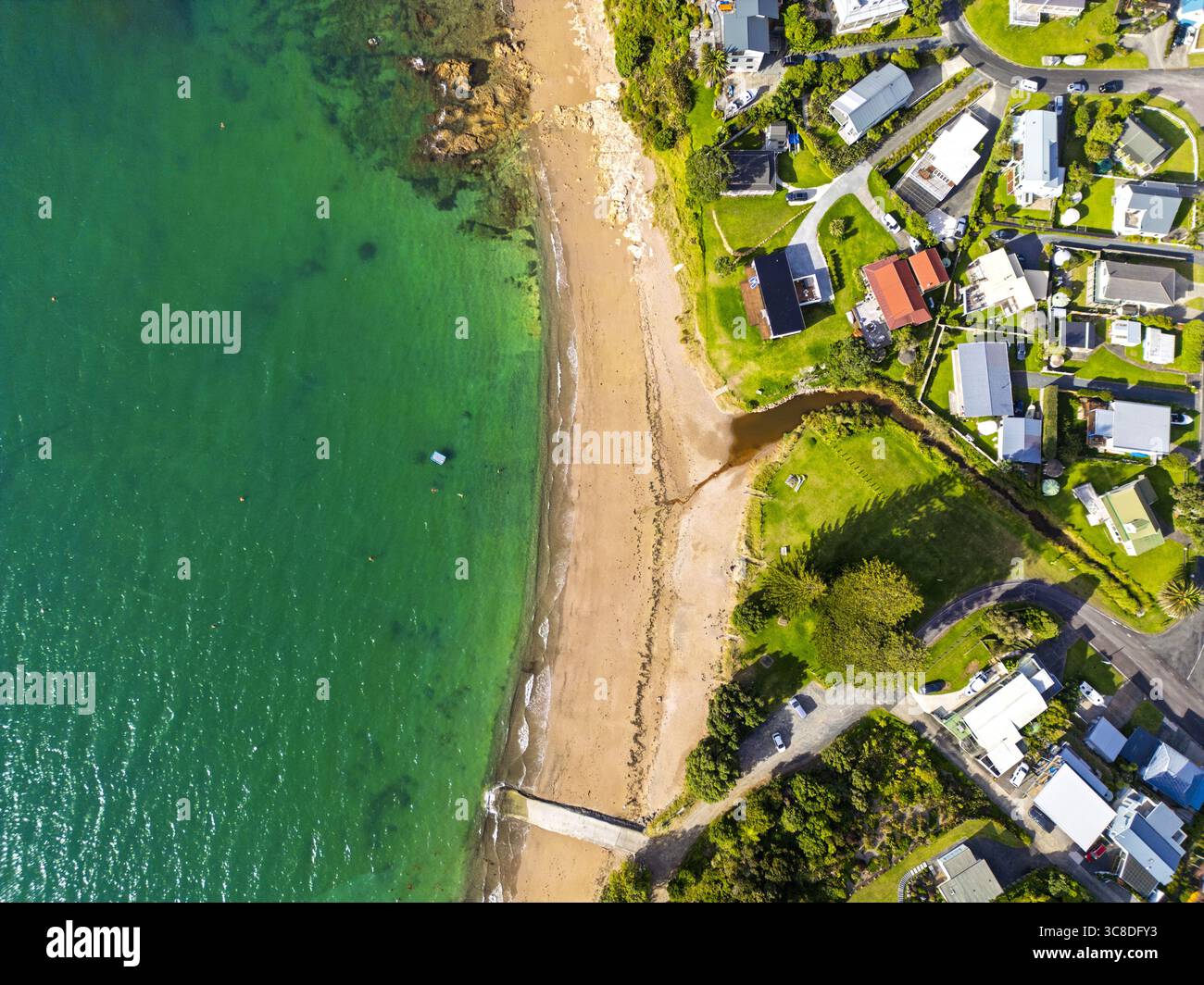 Aus der Vogelperspektive sehen Sie, wo der goldene Sand auf das Jadewasser trifft, neben gemütlichen Häusern inmitten von grünen Rasenflächen, Russell, Northland Region, Neuseeland. Stockfoto