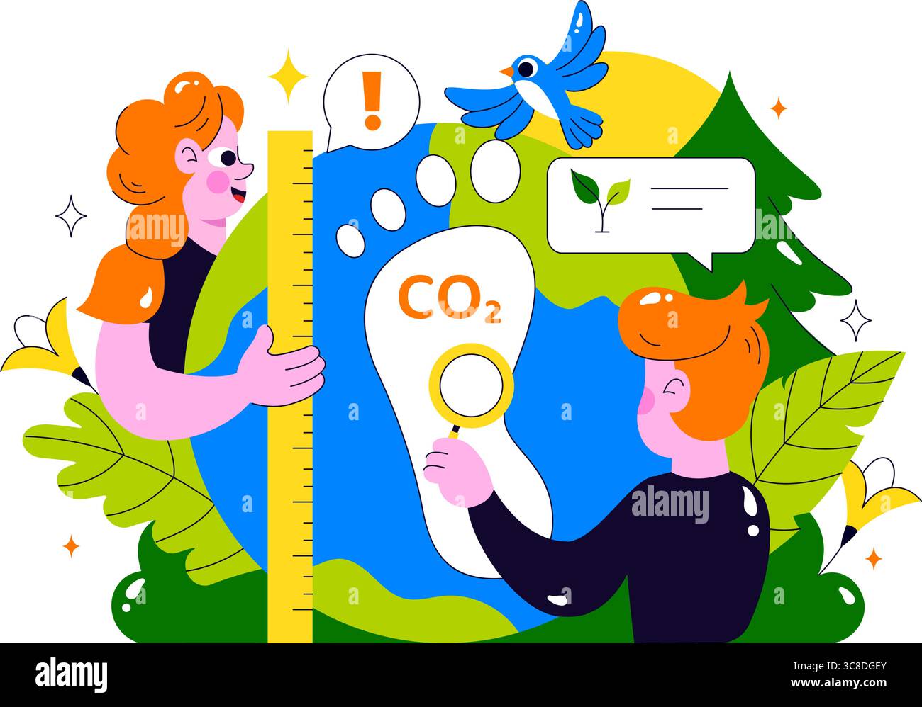 Illustration zur Reduzierung des CO2-Fußabdrucks mit Analyse der Umweltverschmutzung mit CO2, Auswirkungen auf die Natur, das Klima und die globale Öko-Bilanz Stock Vektor