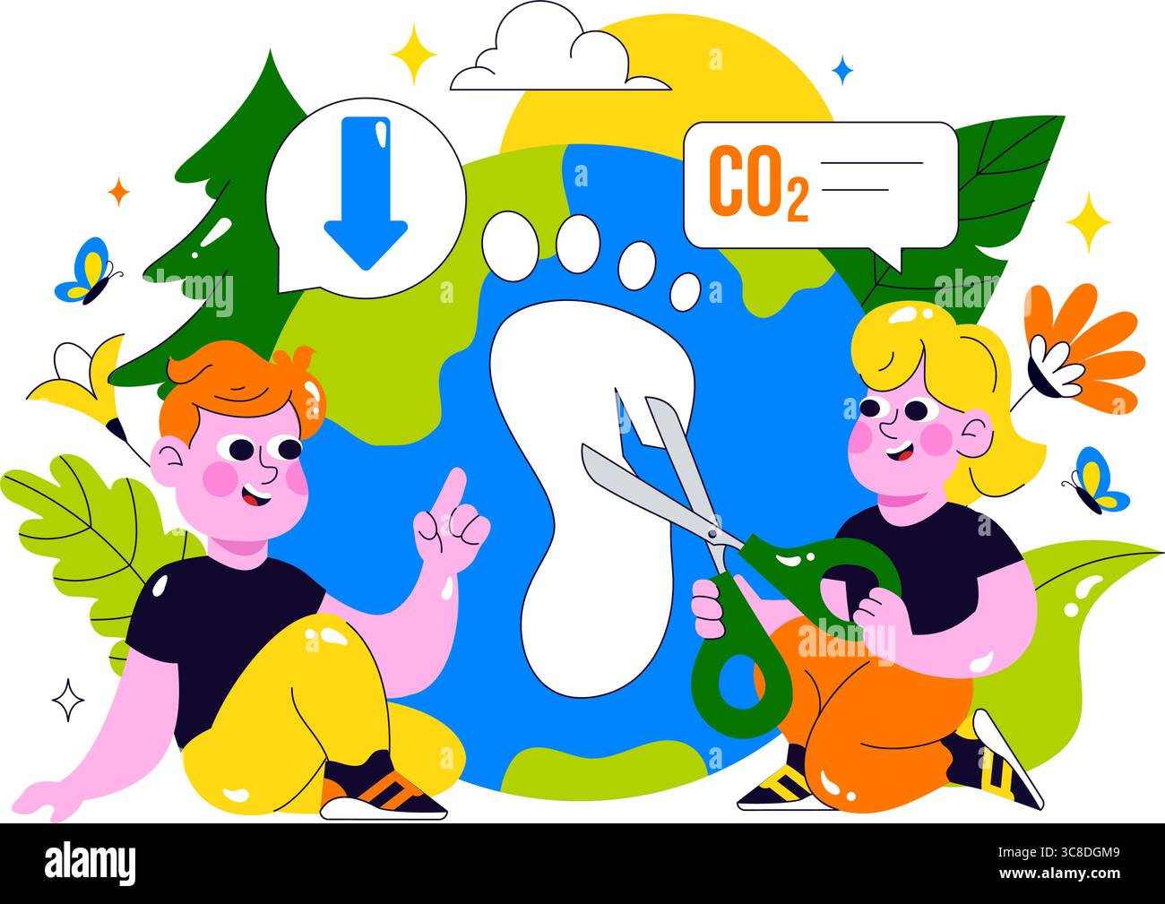 Illustration zur Reduzierung des CO2-Fußabdrucks mit Analyse der Umweltverschmutzung mit CO2, Auswirkungen auf die Natur, das Klima und die globale Öko-Bilanz Stock Vektor
