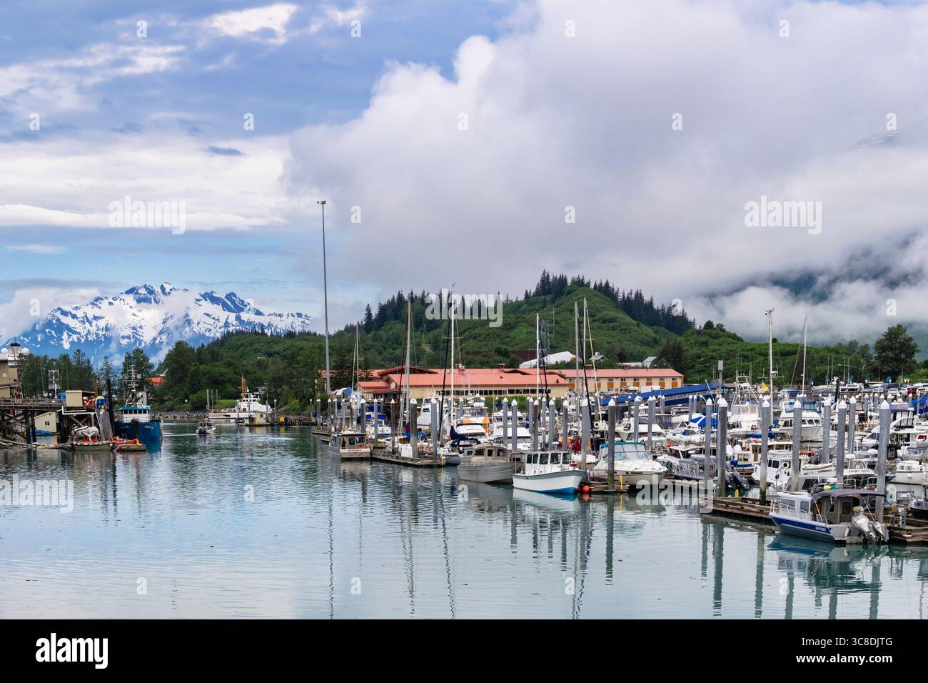 Boote liegen im Hafen und blicken auf die Berge an einem nebeligen Morgen an der Südküste Alaskas. Valdez, Alaska, USA Stockfoto