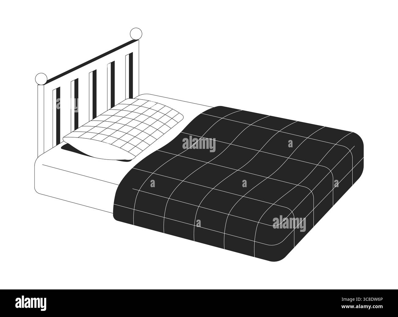Ordentlich gefertigtes Einzelbett mit hölzernem Kopfteil, 2D-Zeilenobjekt Stock Vektor