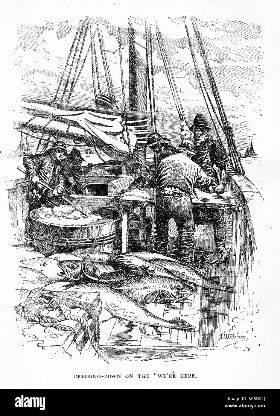 Fischer kleiden ihren Fang in einer Szene von Captains Courageous by Rudyard Kipling Stockfoto