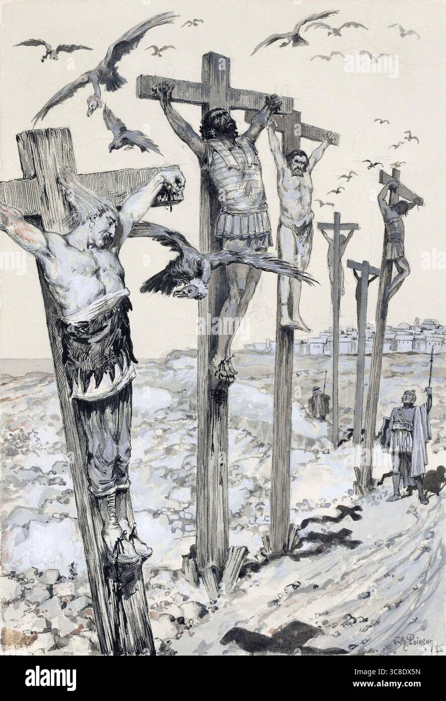 Illustration der Kreuzigung von Spendius in Kapitel XIV von Salammbô von V. A. Poison: 'Die Schatten der großen Flügel schlagen um sie herum.' Spendius (starb Ende 238 v. Chr.) war ein ehemaliger römischer Sklave, der eine Rebellenarmee gegen Karthago führte, im sogenannten Söldnerkrieg. Stockfoto