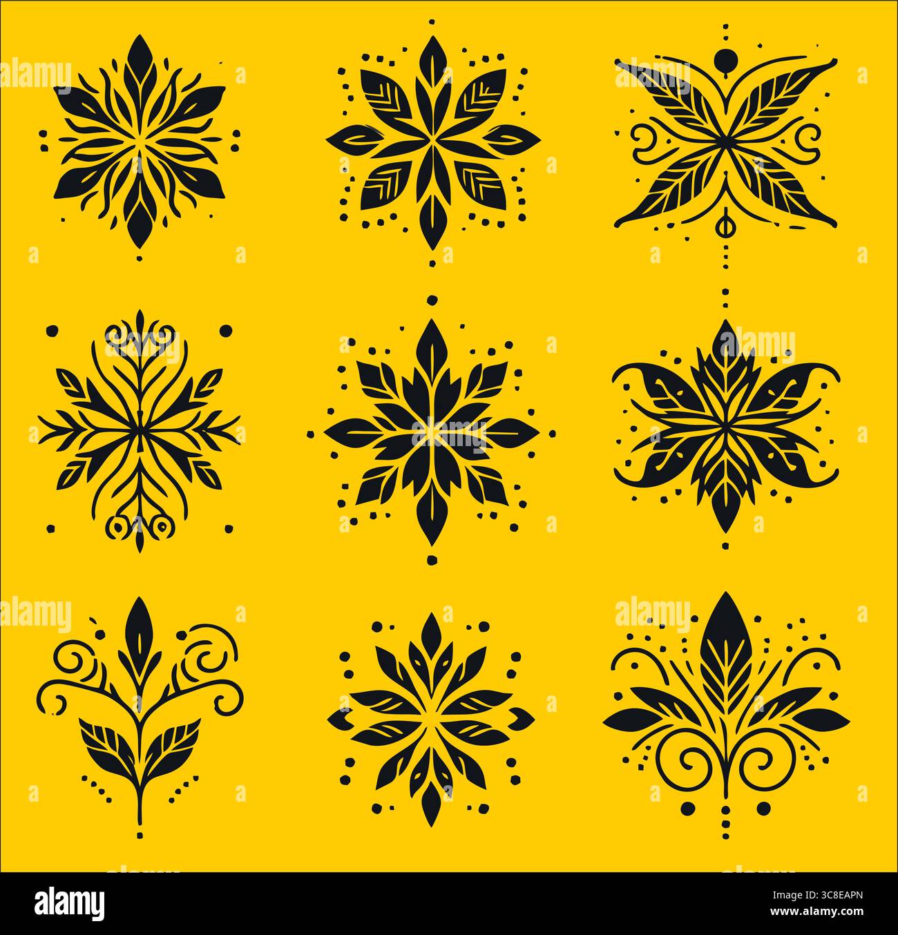 Traditionelles florales Mandala-Motiv Set – Schwarze dekorative Vektor-Designs auf gelbem Hintergrund Stock Vektor