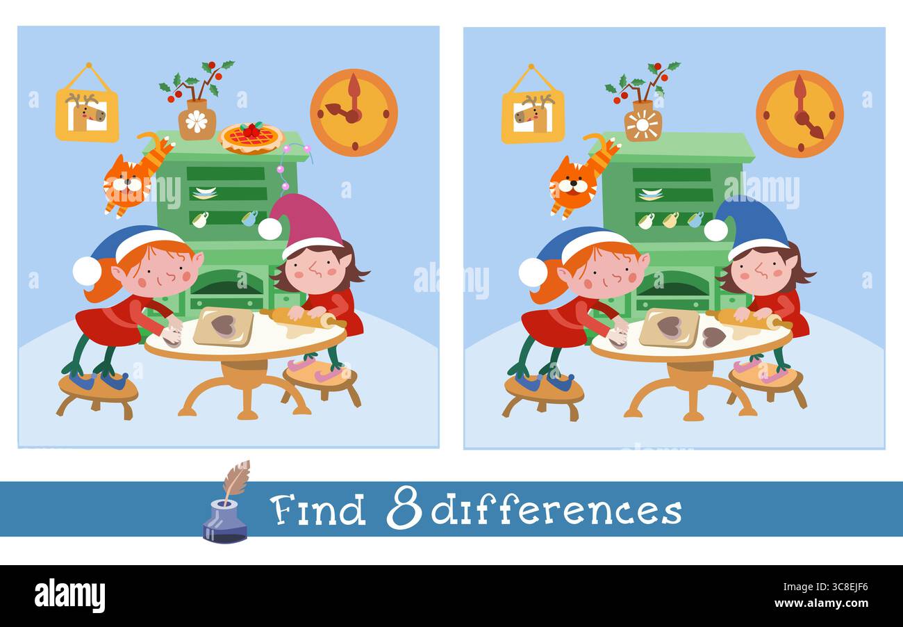 8 Unterschiede finden. Spiel für Kinder. Elfen machen Kekse zu Weihnachten. Handgezeichnete Vektorgrafik. Stock Vektor