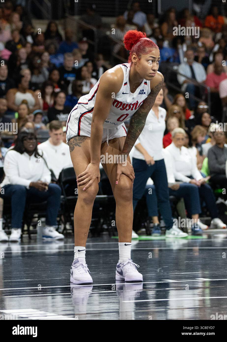 College Park, USA. August 2025. Shakira Austin #0 und die Washington Mystics spielen am 3. August 2025 in der Gateway Center Arena im College Park, GA, den Atlanta Dream. (Foto: Lawrence Cooper/SIPA USA) Credit: SIPA USA/Alamy Live News Stockfoto